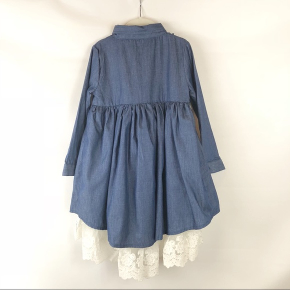 NWT Denim Chambray Lace Empire Waist Ruffle Ivory Lace Dress - Picture 7 of 8